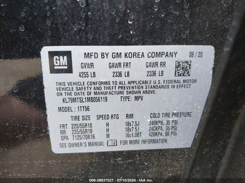 2021 Chevrolet Trailblazer Fwd Rs VIN: KL79MTSL1MB056119 Lot: 39837027