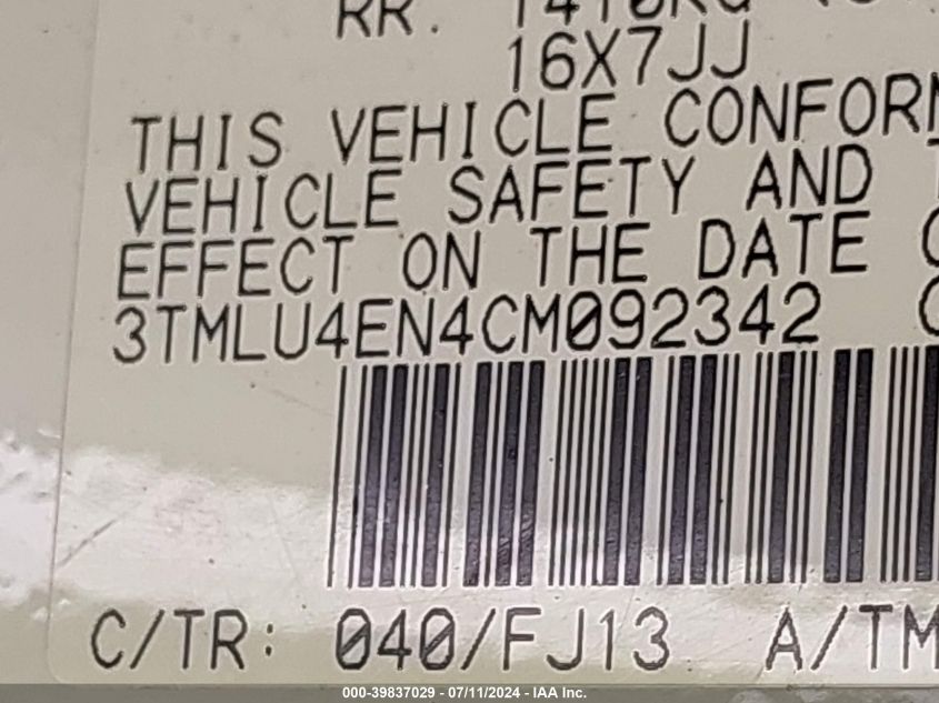 2012 Toyota Tacoma Base V6 VIN: 3TMLU4EN4CM092342 Lot: 39837029