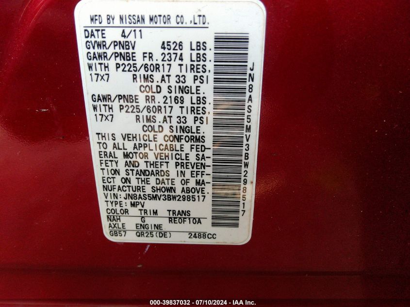 2011 Nissan Rogue S/Sv/Krom VIN: JN8AS5MV3BW298517 Lot: 39837032