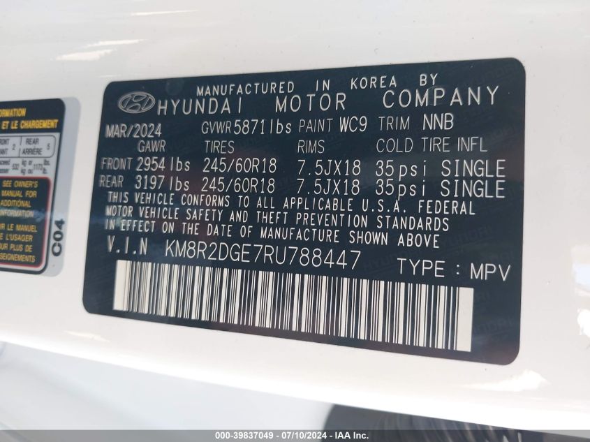 2024 Hyundai Palisade Sel VIN: KM8R2DGE7RU788447 Lot: 39837049