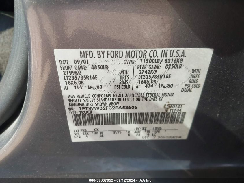 2002 Ford F350 Super Duty VIN: 1FTWW32F32EA58606 Lot: 39837052