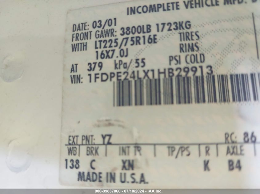 2001 Ford E-250 Recreational VIN: 1FDPE24LX1HB29913 Lot: 39837060