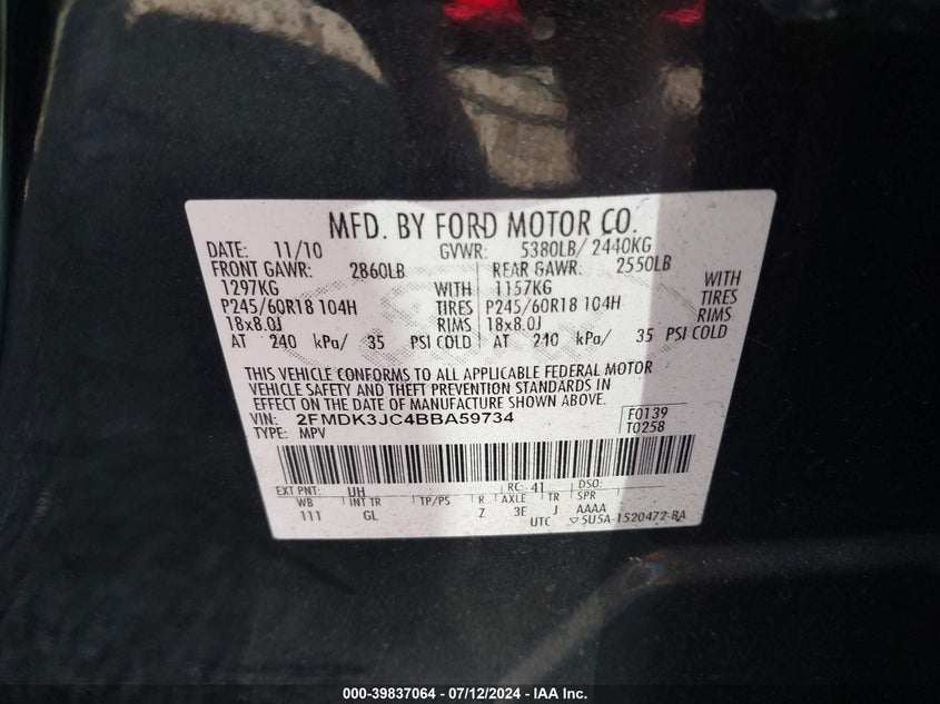 2011 Ford Edge Sel VIN: 2FMDK3JC4BBA59734 Lot: 39837064