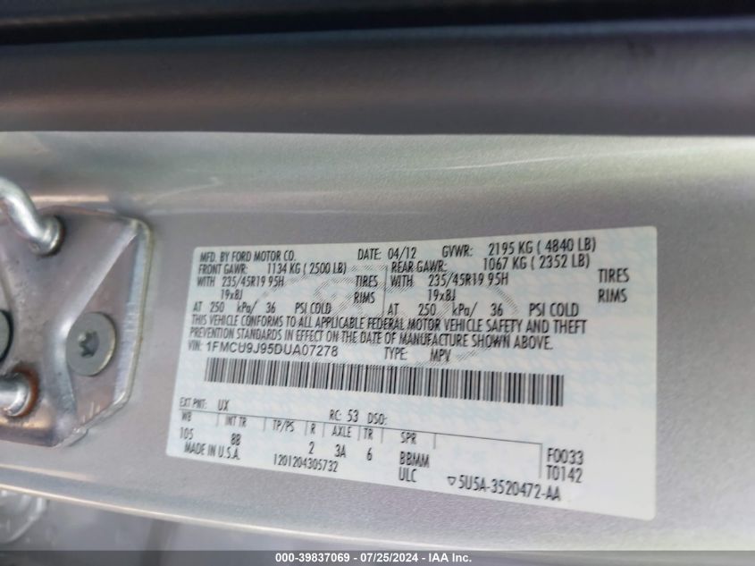 2013 Ford Escape Titanium VIN: 1FMCU9J95DUA07278 Lot: 39837069