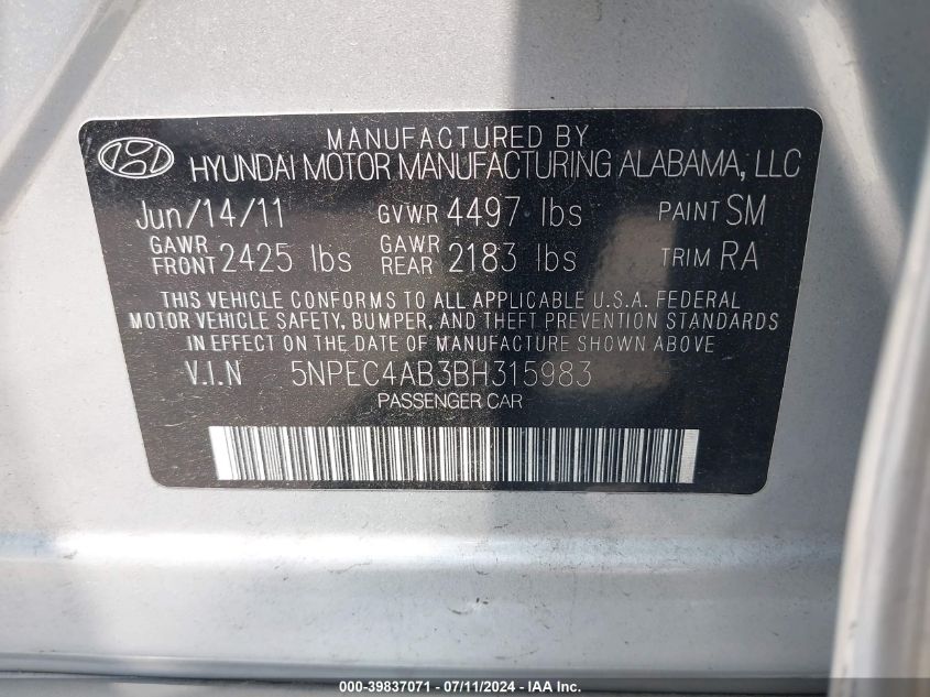 2011 Hyundai Sonata Se 2.0T VIN: 5NPEC4AB3BH315983 Lot: 39837071