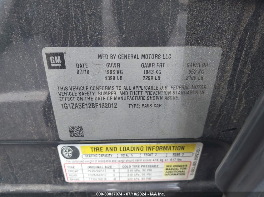 2011 Chevrolet Malibu Ls VIN: 1G1ZA5E12BF132012 Lot: 39837074