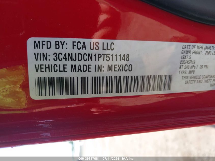 2023 Jeep Compass (Red) Edition 4X4 VIN: 3C4NJDCN1PT511148 Lot: 39837081