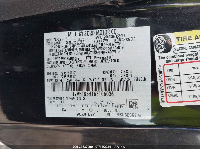 2006 Ford Mustang Gt VIN: 1ZVHT85H165106036 Lot: 39837090