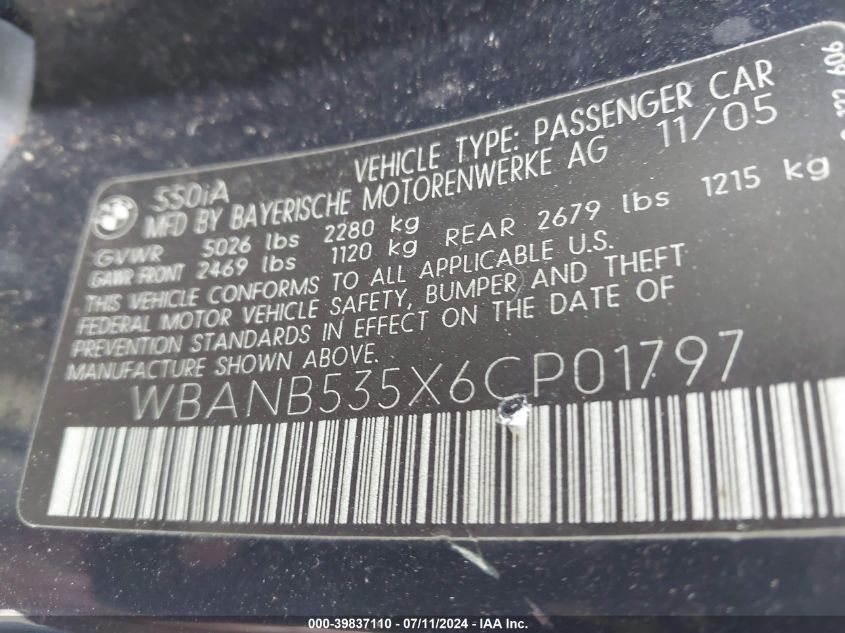 2006 BMW 550I VIN: WBANB535X6CP01797 Lot: 39837110