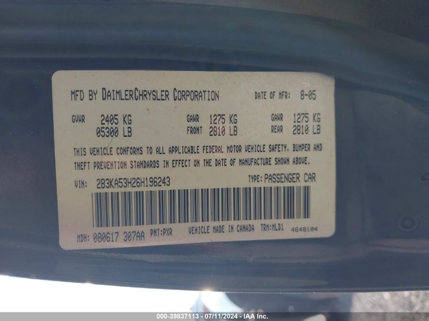 2006 Dodge Charger Rt VIN: 2B3KA53H26H196243 Lot: 39837113