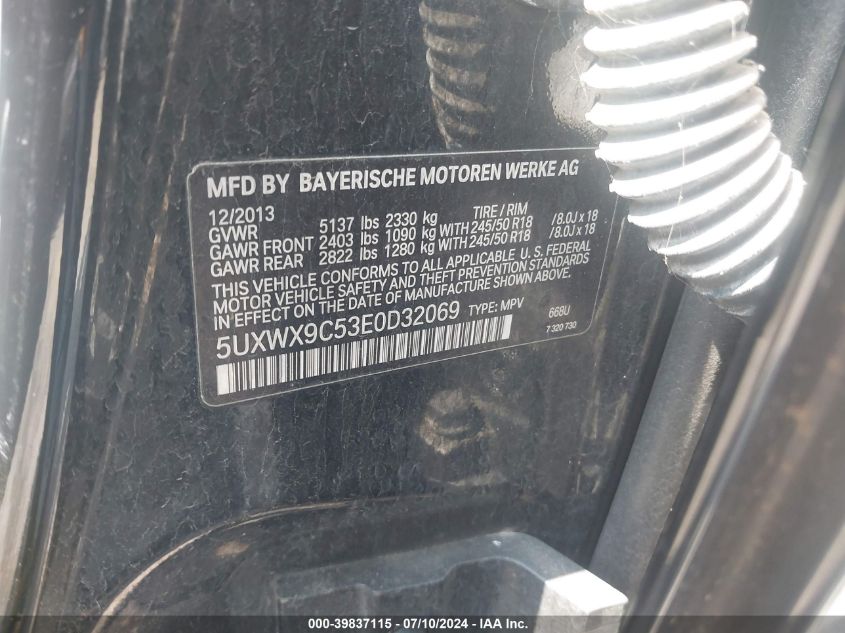 2014 BMW X3 xDrive28I VIN: 5UXWX9C53E0D32069 Lot: 39837115