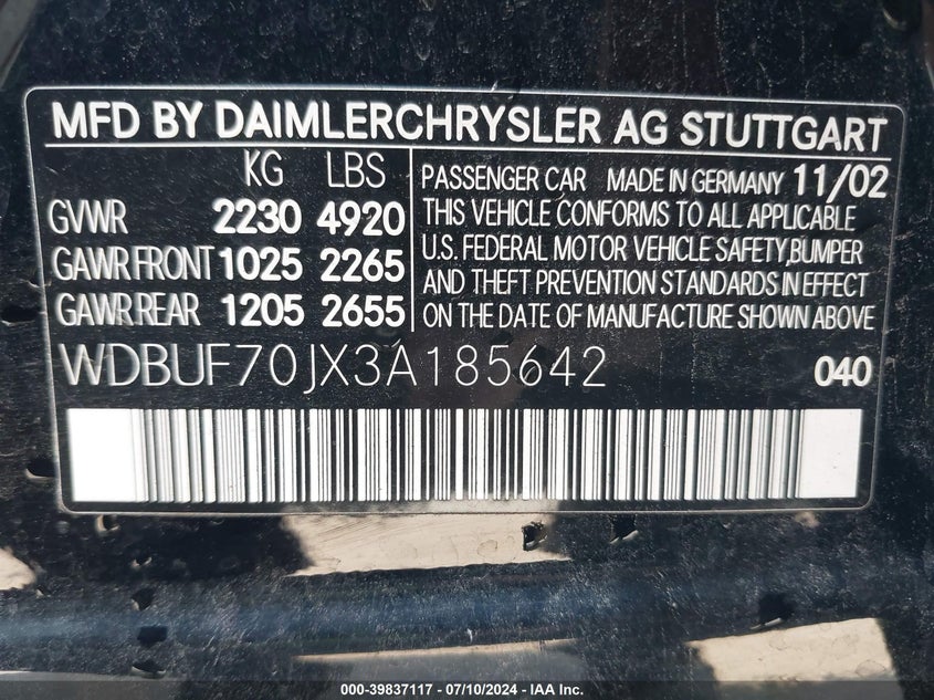 2003 Mercedes-Benz E 500 VIN: WDBUF70JX3A185642 Lot: 39837117