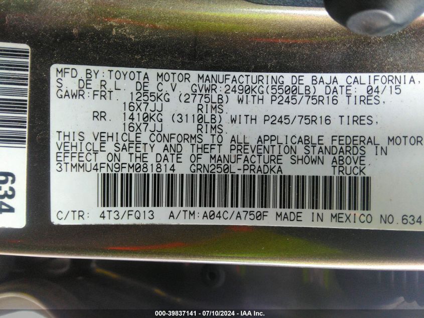 2015 Toyota Tacoma Double Cab Long Bed VIN: 3TMMU4FN9FM081814 Lot: 39837141