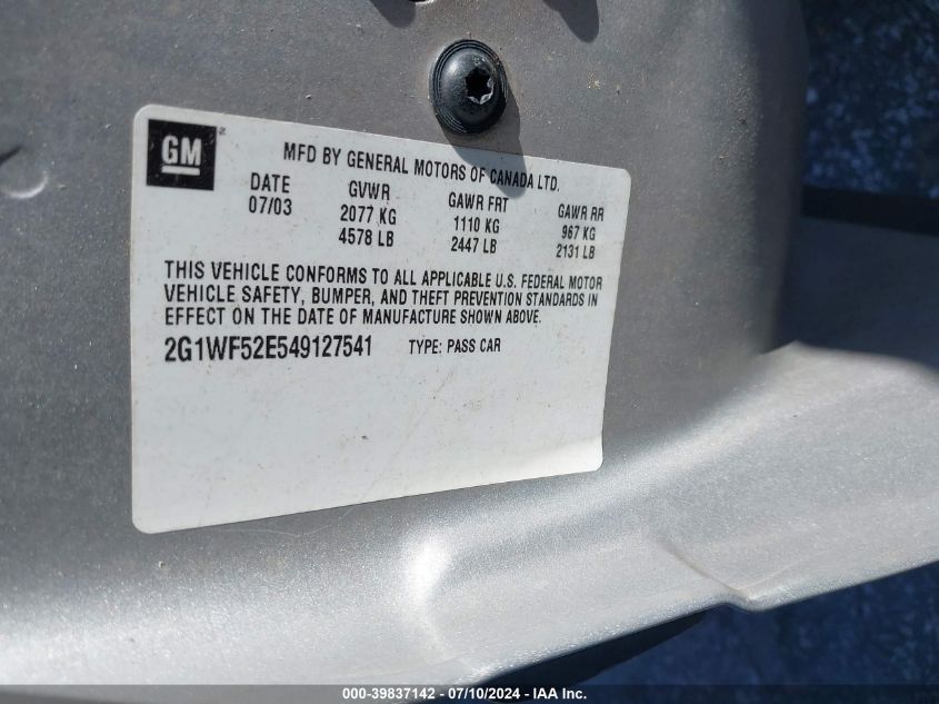 2004 Chevrolet Impala VIN: 2G1WF52E549127541 Lot: 39837142