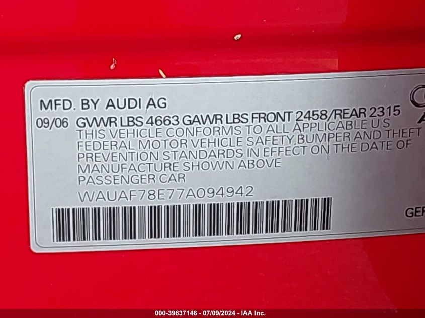 2007 Audi A4 2.0T VIN: WAUAF78E77A094942 Lot: 39837146