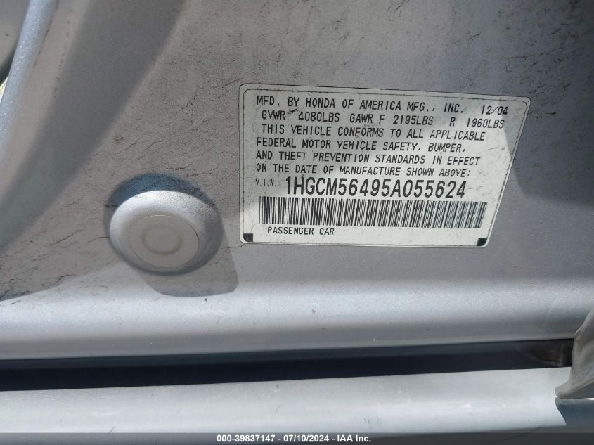 2005 Honda Accord 2.4 Lx VIN: 1HGCM56495A055624 Lot: 39837147