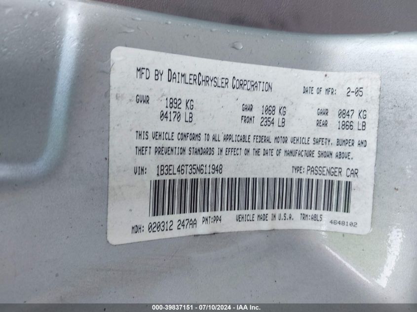 2005 Dodge Stratus Sdn Sxt VIN: 1B3EL46T35N611948 Lot: 39837151