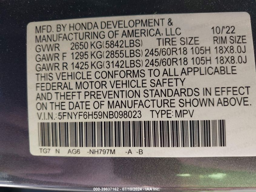 2022 Honda Pilot Awd Ex-L VIN: 5FNYF6H59NB098023 Lot: 39837162