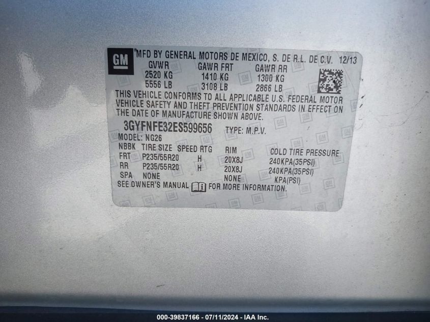 2014 Cadillac Srx Performance Collection VIN: 3GYFNFE32ES599656 Lot: 39837166