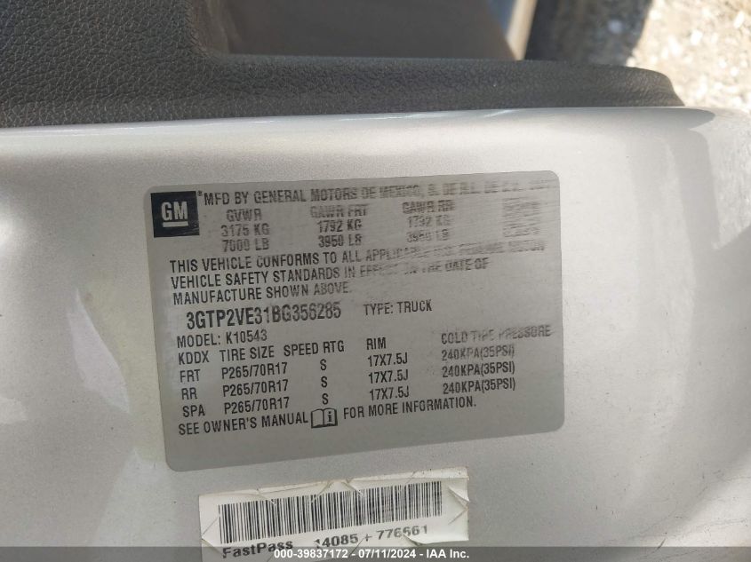 2011 GMC Sierra 1500 Sle VIN: 3GTP2VE31BG356285 Lot: 39837172