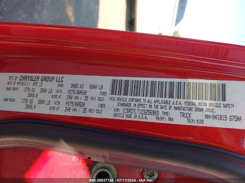 2012 Ram 1500 Slt VIN: 1C6RD7LT1CS256903 Lot: 39837185