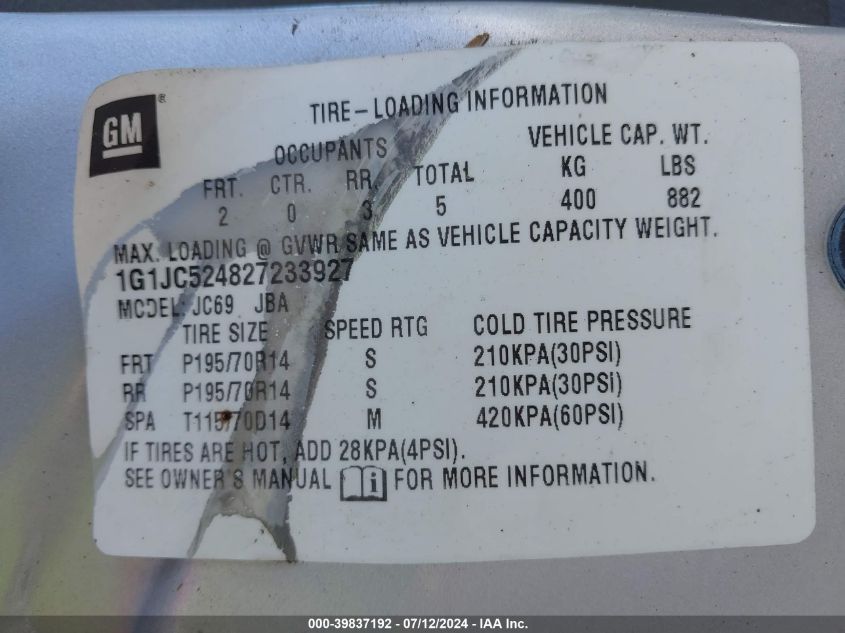 2002 Chevrolet Cavalier Cng VIN: 1G1JC524827233927 Lot: 39837192