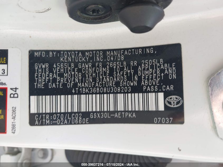 2008 Toyota Avalon Limited VIN: 4T1BK36B08U308203 Lot: 39837216