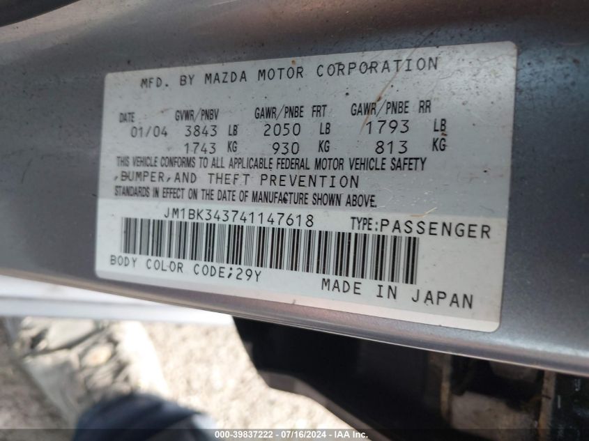2004 Mazda Mazda3 S VIN: JM1BK343741147618 Lot: 39837222
