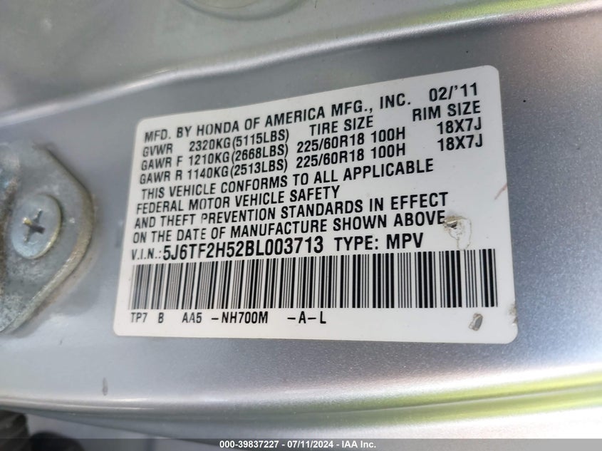 2011 Honda Accord Crosstour Ex-L VIN: 5J6TF2H52BL003713 Lot: 39837227