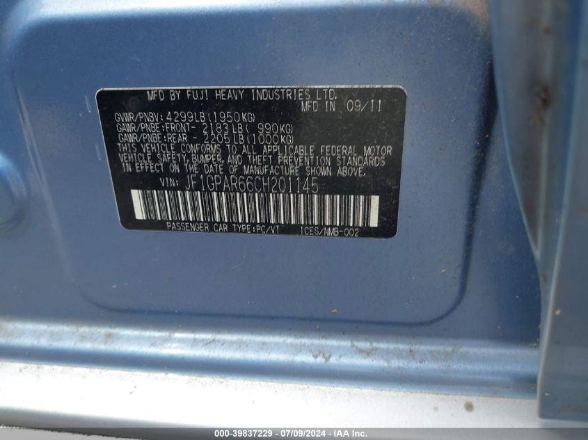 2012 Subaru Impreza 2.0I Sport Limited VIN: JF1GPAR66CH201145 Lot: 39837229
