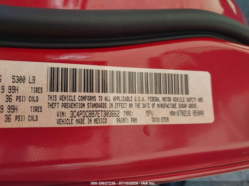 2014 Dodge Journey Sxt VIN: 3C4PDCBB7ET303662 Lot: 39837236