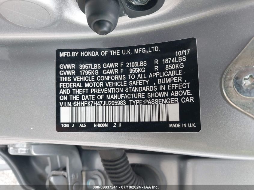 2018 Honda Civic Sport VIN: SHHFK7H47JU205983 Lot: 39837241