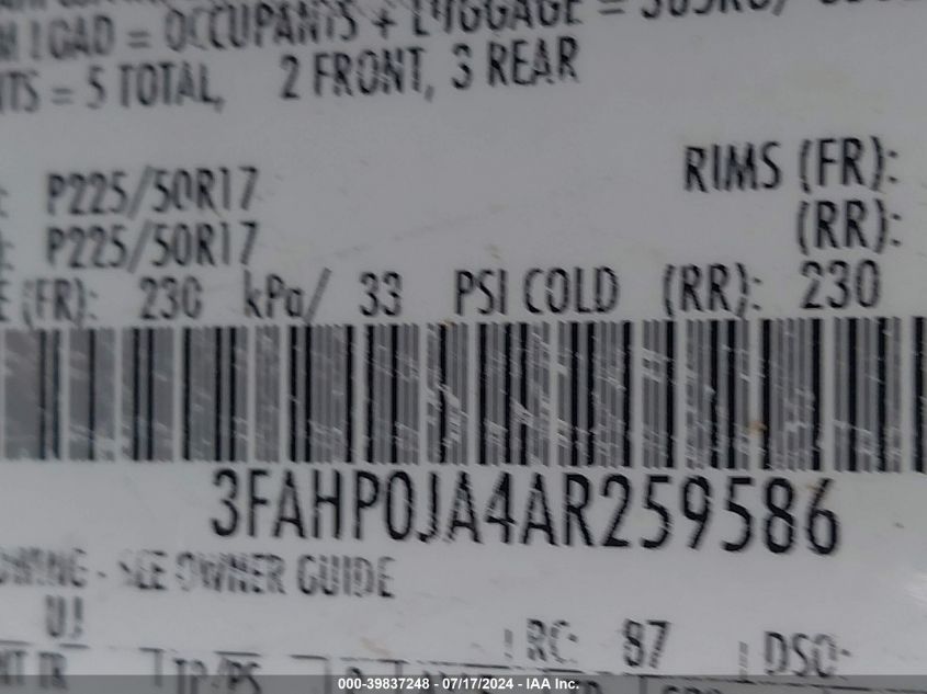 2010 Ford Fusion Sel VIN: 3FAHP0JA4AR259586 Lot: 39837248