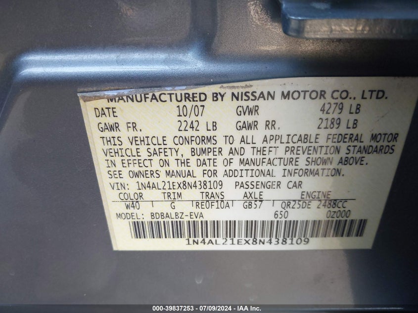 2008 Nissan Altima 2.5 S VIN: 1N4AL21EX8N438109 Lot: 39837253