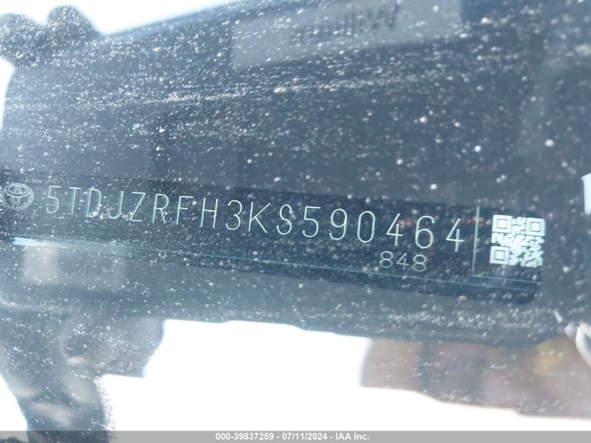 2019 Toyota Highlander Xle VIN: 5TDJZRFH3KS590464 Lot: 39837259