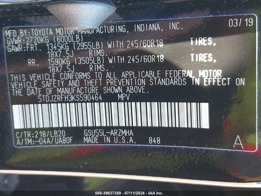 2019 Toyota Highlander Xle VIN: 5TDJZRFH3KS590464 Lot: 39837259