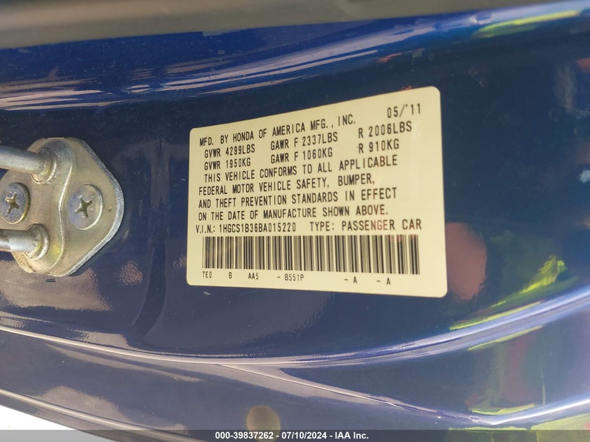2011 Honda Accord Lx-S VIN: 1HGCS1B36BA015220 Lot: 39837262