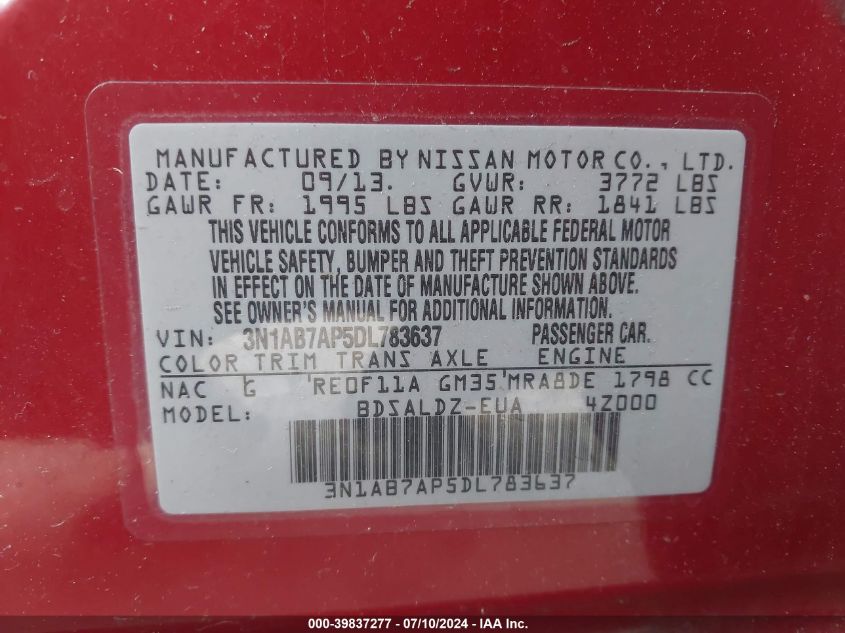 2013 Nissan Sentra Sv VIN: 3N1AB7AP5DL783637 Lot: 39837277