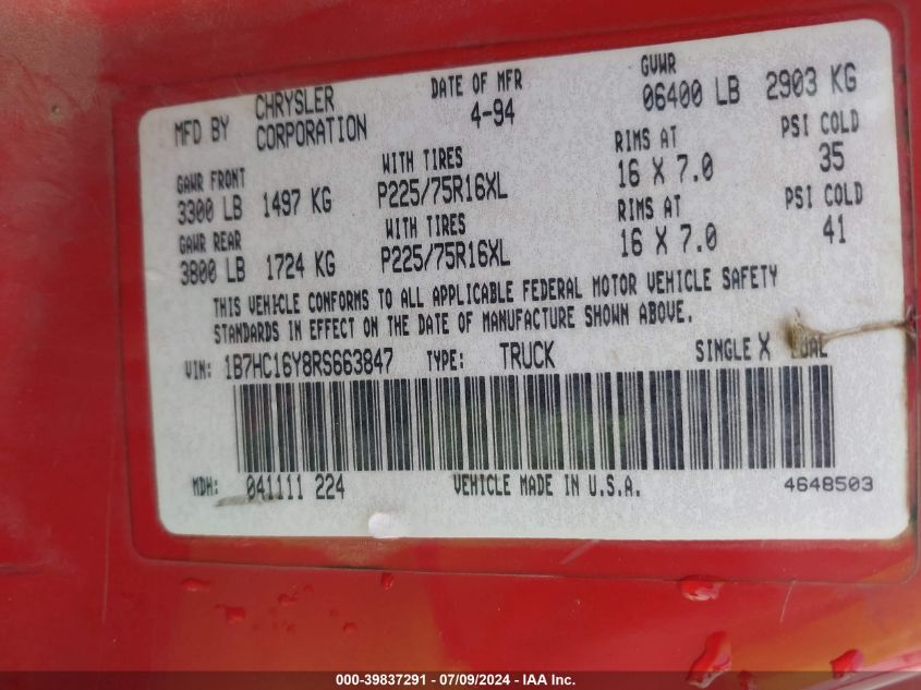 1994 Dodge Ram 1500 VIN: 1B7HC16Y8RS663847 Lot: 39837291