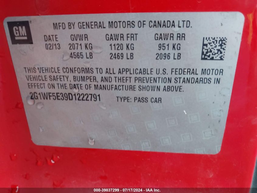 2013 Chevrolet Impala Ls VIN: 2G1WF5E39D1222791 Lot: 39837299