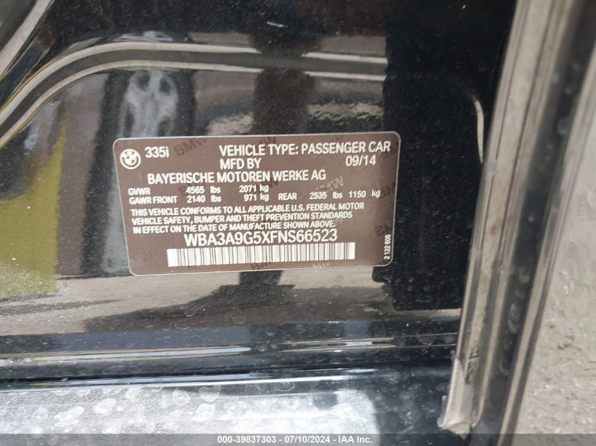 2015 BMW 335I VIN: WBA3A9G5XFNS66523 Lot: 39837303