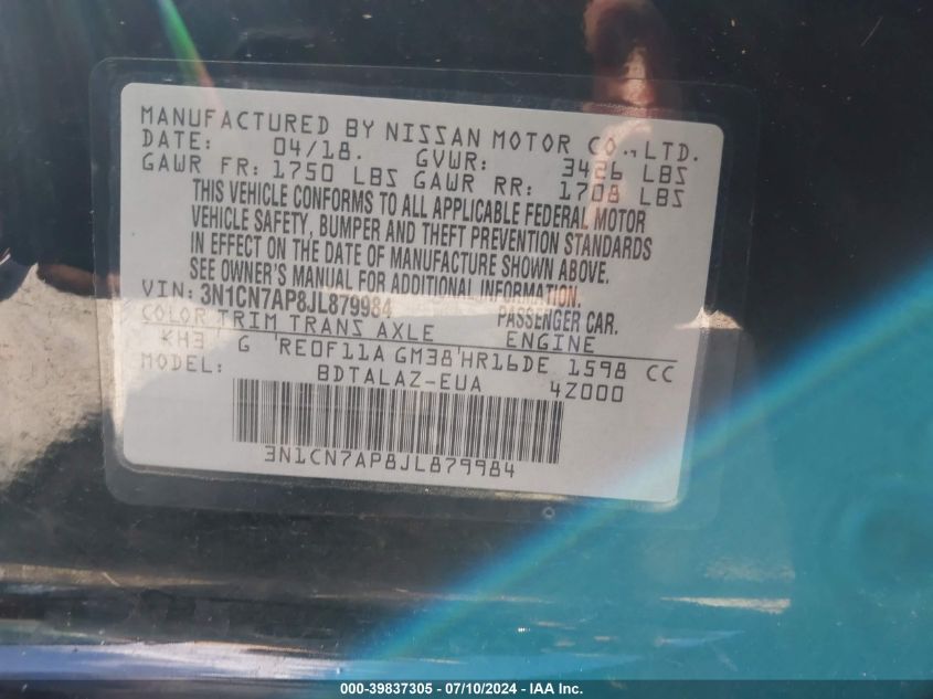 2018 Nissan Versa S/S Plus/Sv/Sl VIN: 3N1CN7AP8JL879984 Lot: 39837305