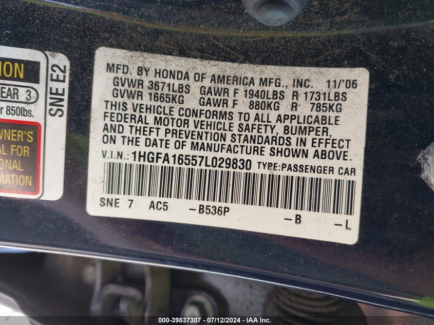 2007 Honda Civic Lx VIN: 1HGFA16557L029830 Lot: 39837307