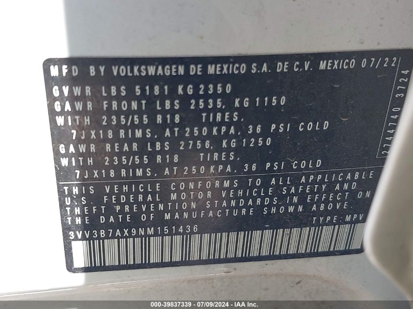 2022 VOLKSWAGEN TIGUAN 2.0T SE - 3VV3B7AX9NM151436