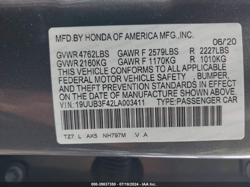 2020 Acura Tlx Tech Package VIN: 19UUB3F42LA003411 Lot: 39837350