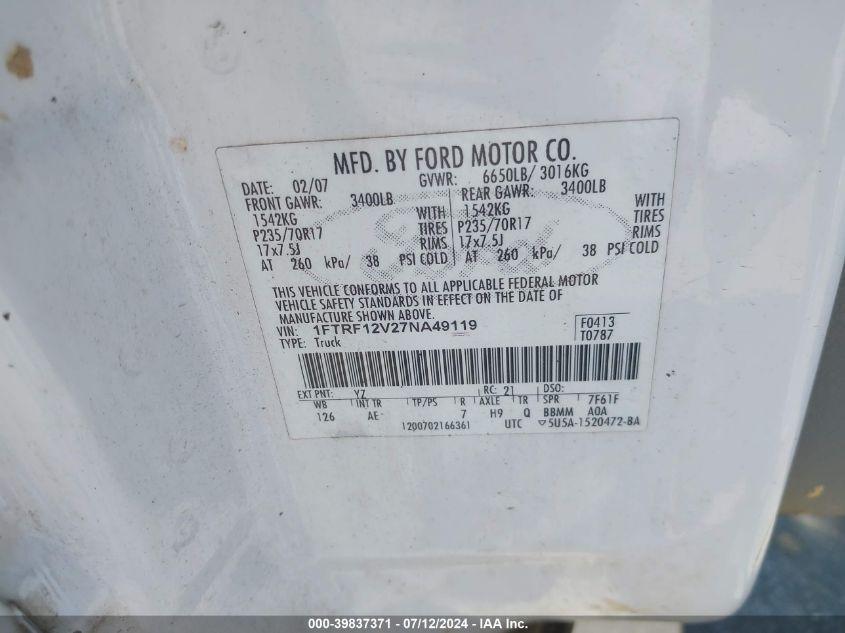 2007 Ford F-150 Stx/Xl/Xlt VIN: 1FTRF12V27NA49119 Lot: 39837371