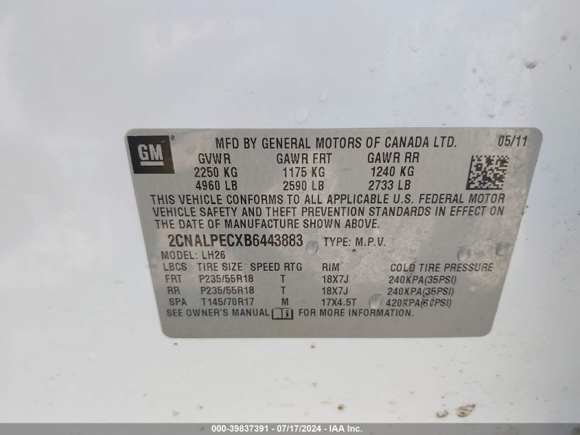 2011 Chevrolet Equinox 2Lt VIN: 2CNALPECXB6443883 Lot: 39837391