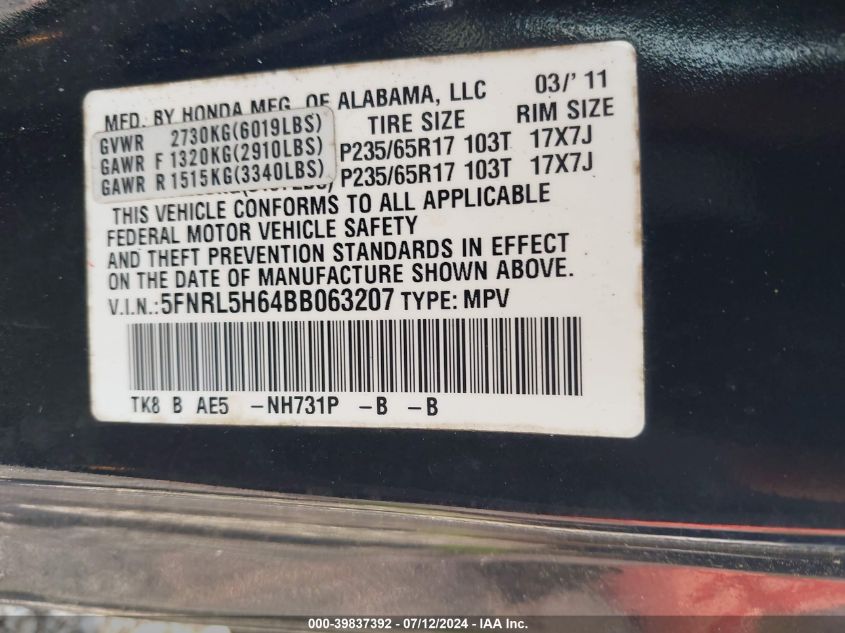 2011 Honda Odyssey Ex-L VIN: 5FNRL5H64BB063207 Lot: 39837392