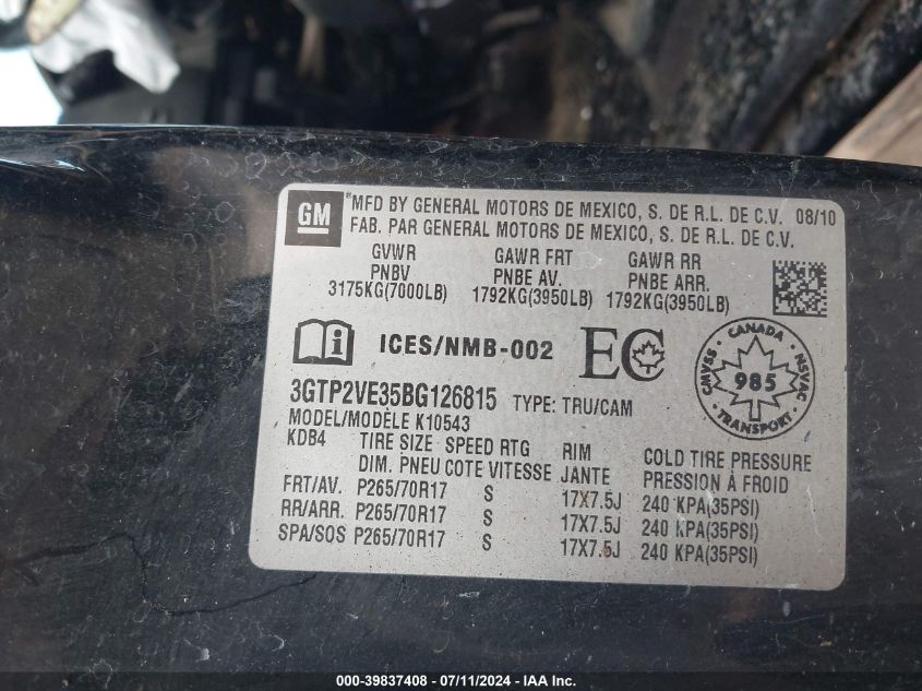 2011 GMC Sierra 1500 Sle VIN: 3GTP2VE35BG126815 Lot: 39837408