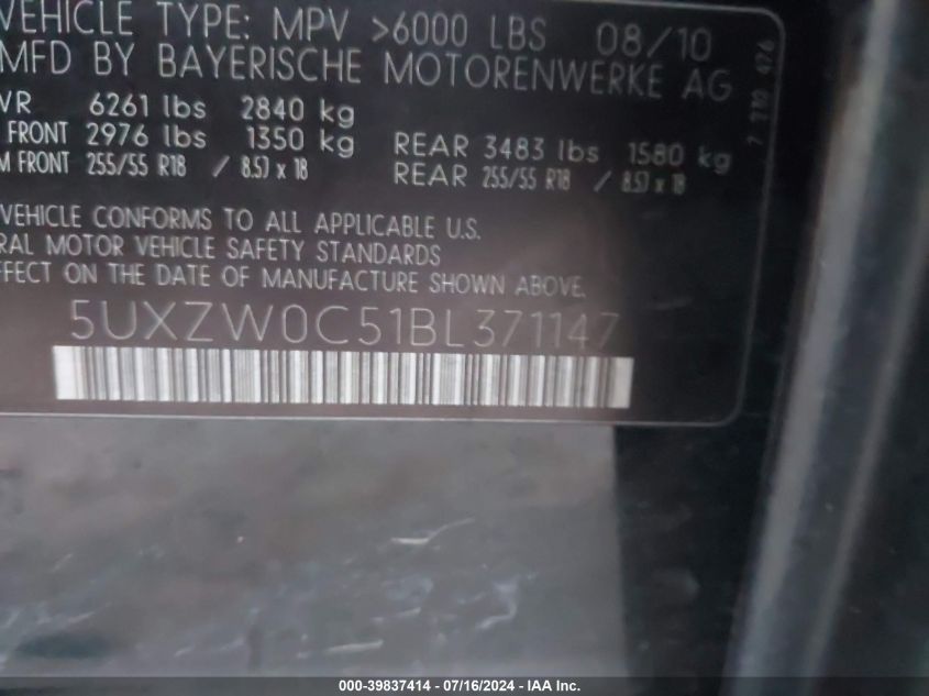 2011 BMW X5 xDrive35D VIN: 5UXZW0C51BL371147 Lot: 39837414